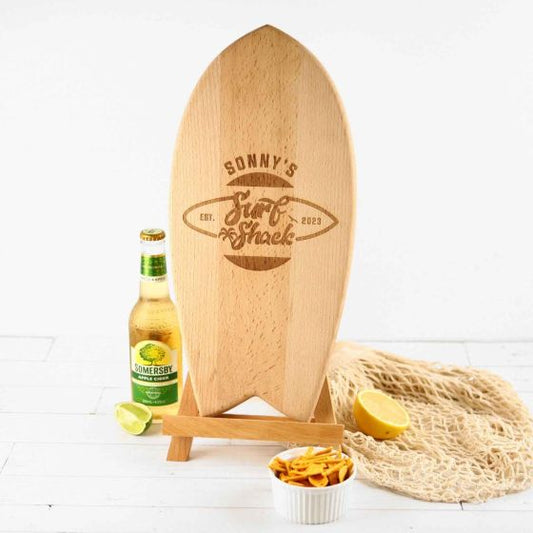 Engraved Wooden Surfboard Serving Board on Easel