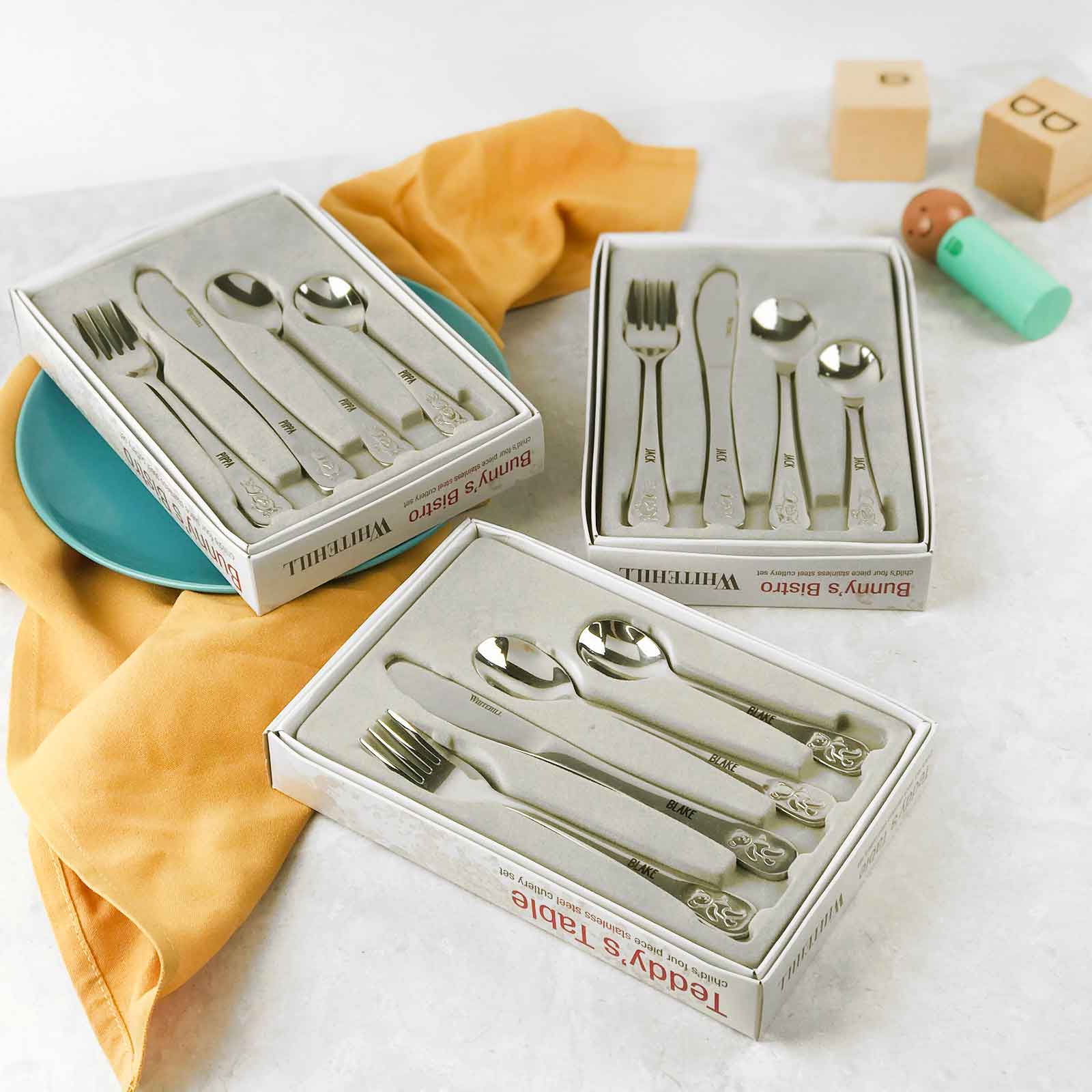 3 Sets of Engraved Children's Cutlery Sets teddy bear or bunny rabbit design