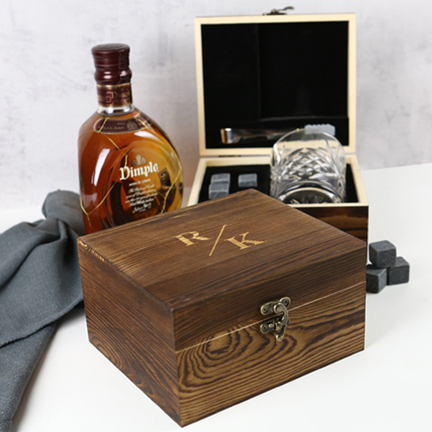Personalised Engraved Rustic Wooden Gift Boxed Scotch Glass and Whiskey Stone Set