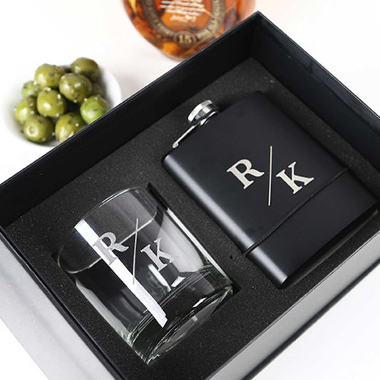 Personalised Engraved Gift Boxed Engraved Round Scotch Glass and Black Hip Flask