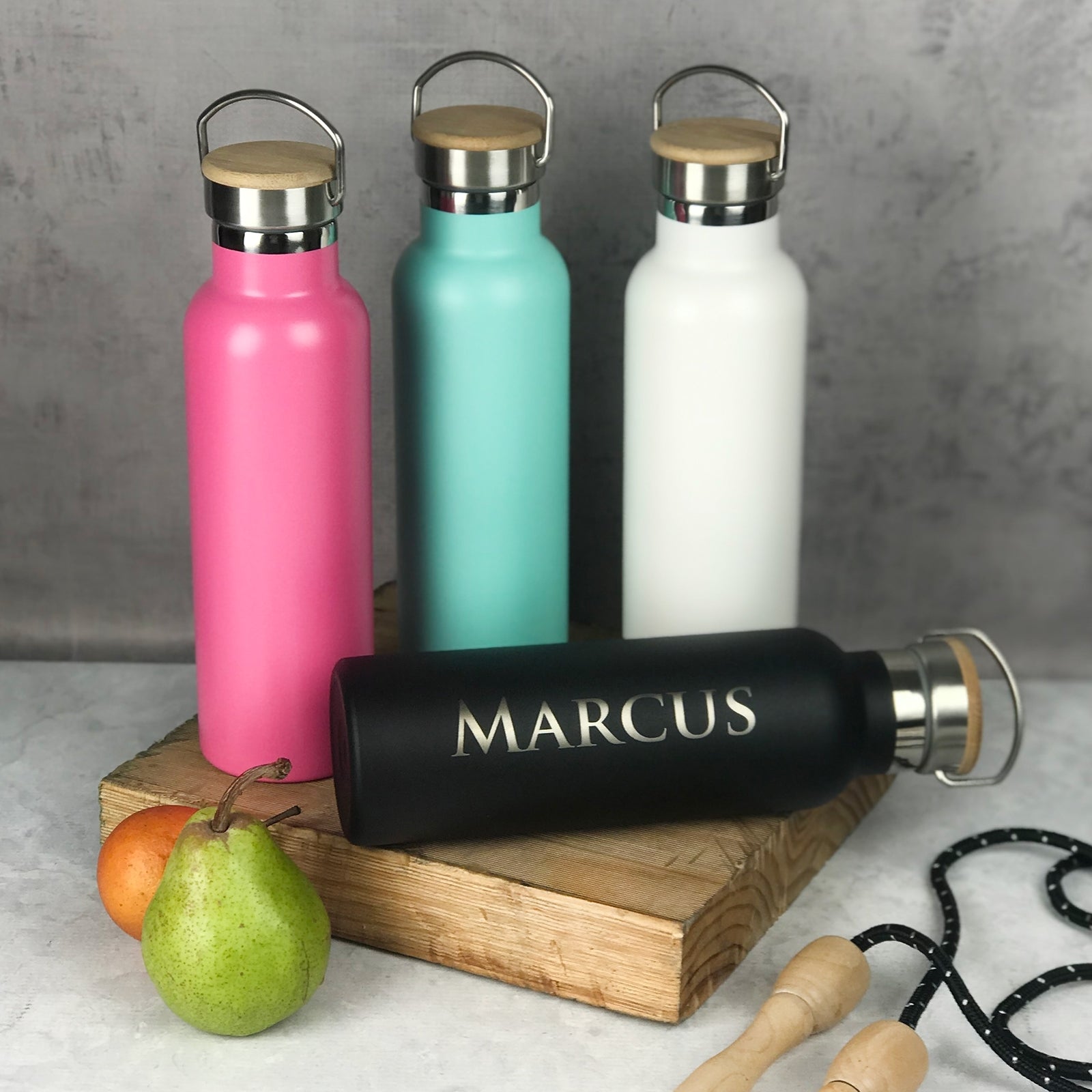 Personalised Wood Lid Water Bottle Engraved with your name