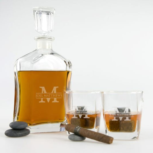 Engraved Decanter Set with Matching Scotch Glasses Premium Gift