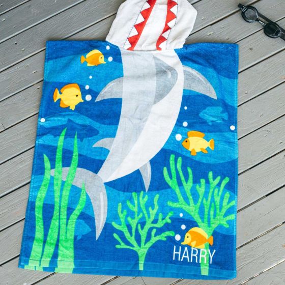 Hooded Beach Towel with Childs Name Shark Design