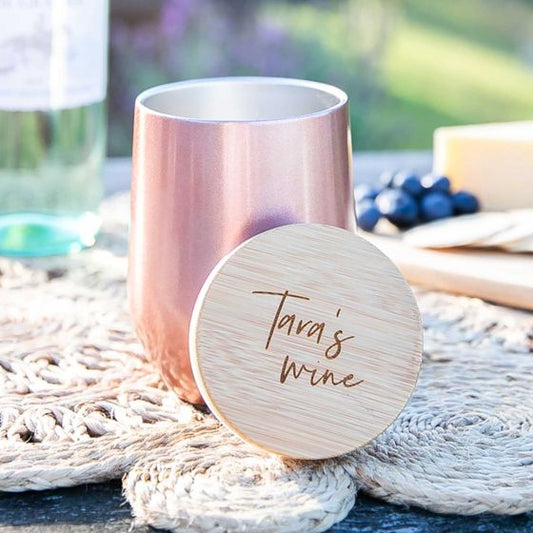 Rose Gold Wine Sipper with Engraved Wooden Lid