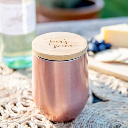 Ultimate Wine Sipper in Rose Gold with Engraved Wooden Lid Custom