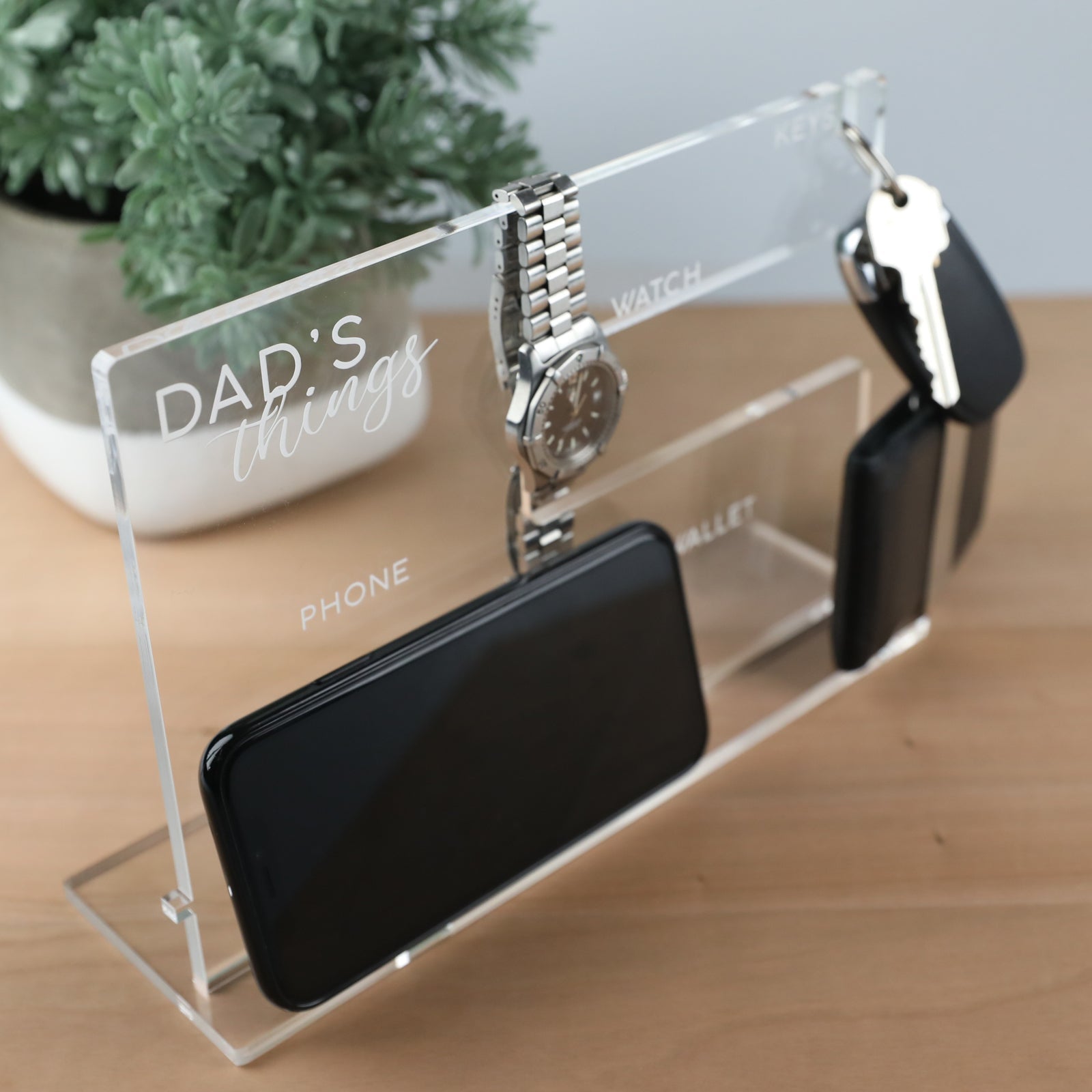 Personalised Laser Engraved Clear Acrylic Wallet, Watch, Keys and Phone Organiser.