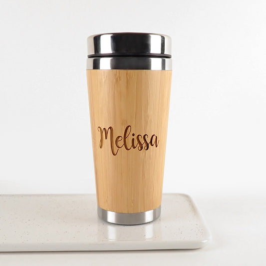 Personalised Engraved Name Bamboo Tea Coffee Travel Mug 400ml