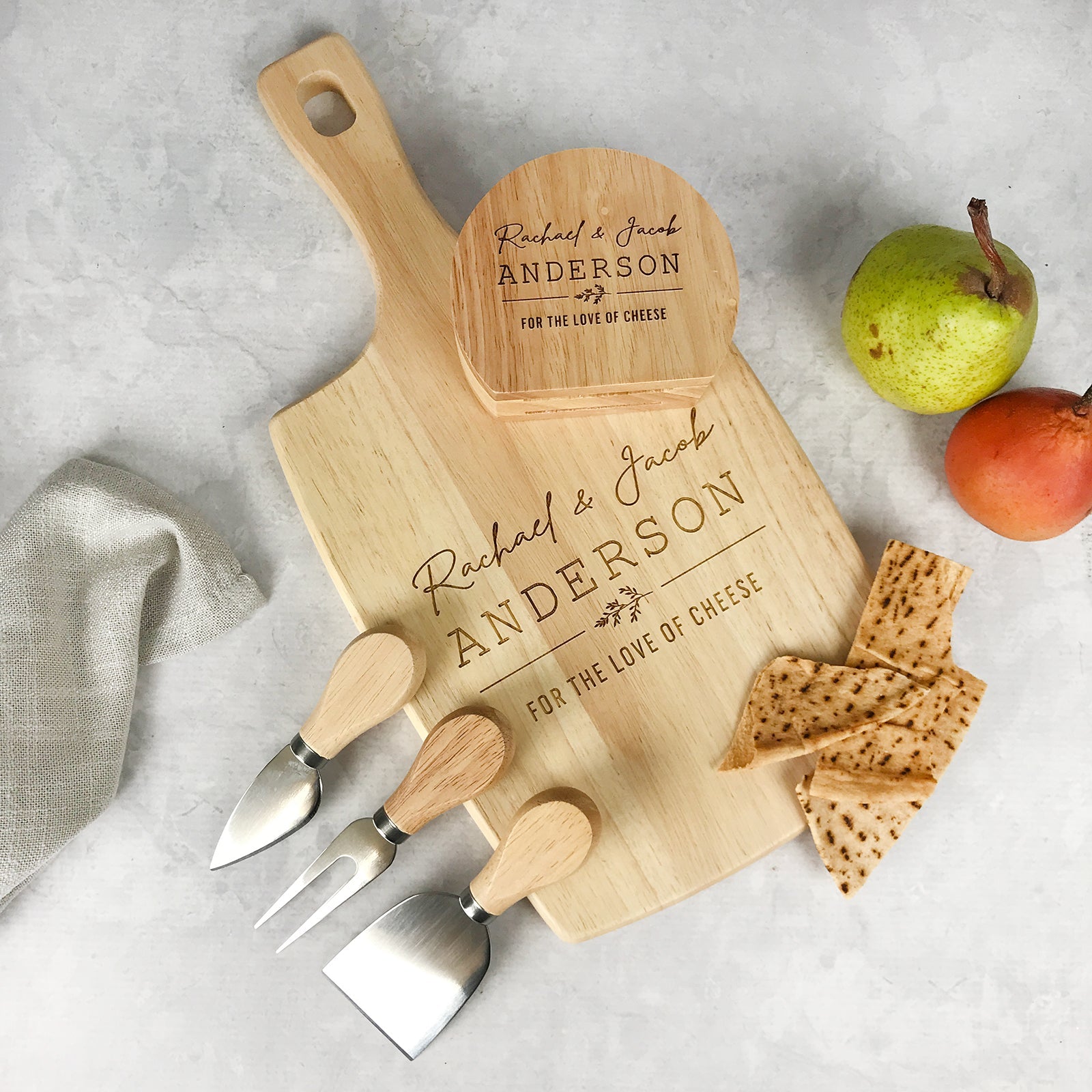 Personalised Laser Engraved Custom Wooden Cheese Serving Board and Complimentary Cheese Knife set