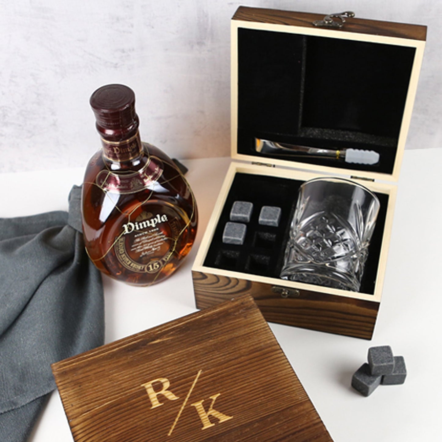Dark Wooden Gift Boxed Scotch Glass and Whiskey Stones Personalised