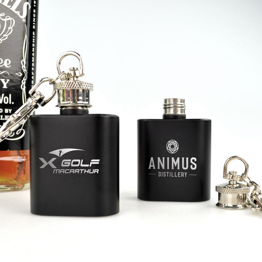 Engraved Promotional Mini Hip Flask Keyring - Black