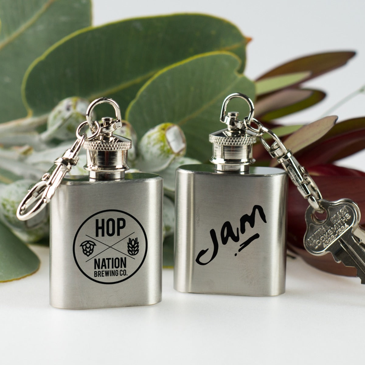 Mini Hip Flask Keyring with your Logo. Promotional Gift