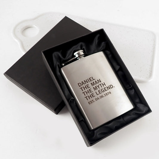 Customised Engraved Name Silver Birthday Hip flask The Man The Myth The Legend