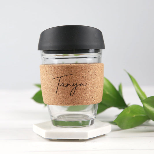 Personalised Name Engraved Glass Coffee Keepsake Cup With Cork Band and Silicon Lid