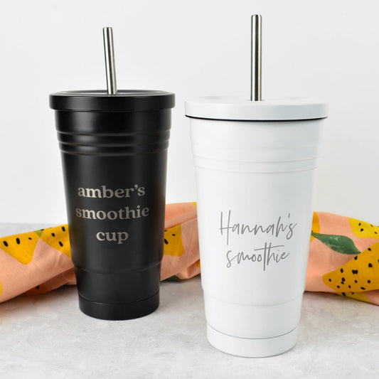 Customised Engraved Black and White Large Smoothie Cups with Metal Straw